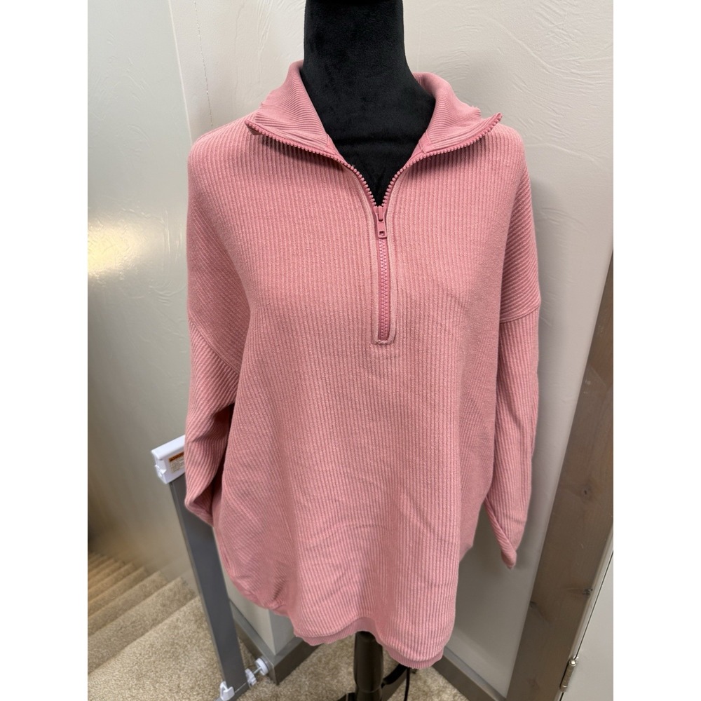 Aerie Ribbed Pink Sweatshirt Relaxed Oversized Fit 1/4 Zip Lounge NEW W Tags S